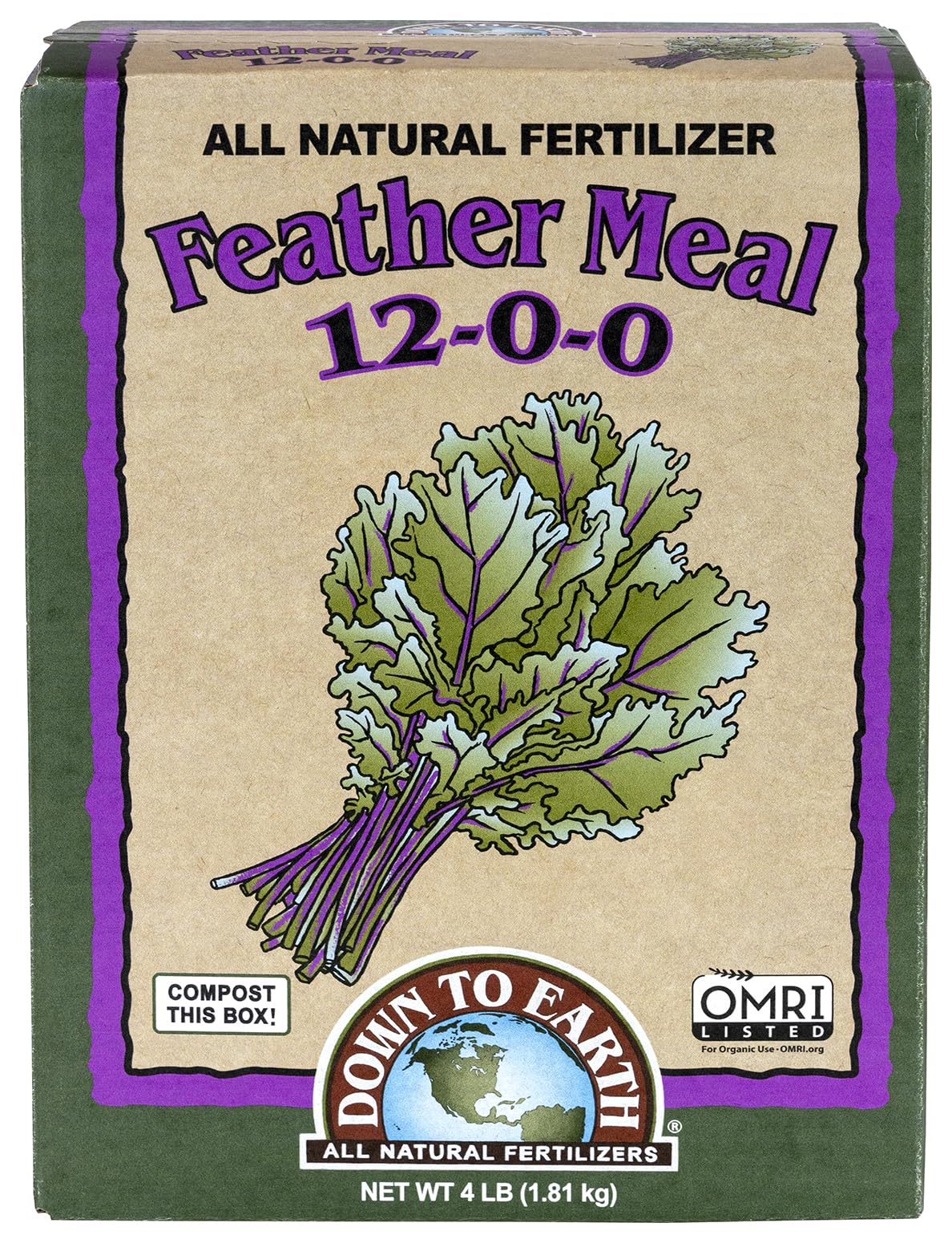 Down To Earth feather meal bag label highlights organic promise and slow-release nitrogen use.