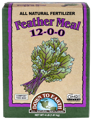 Down To Earth feather meal bag label highlights organic promise and slow-release nitrogen use.