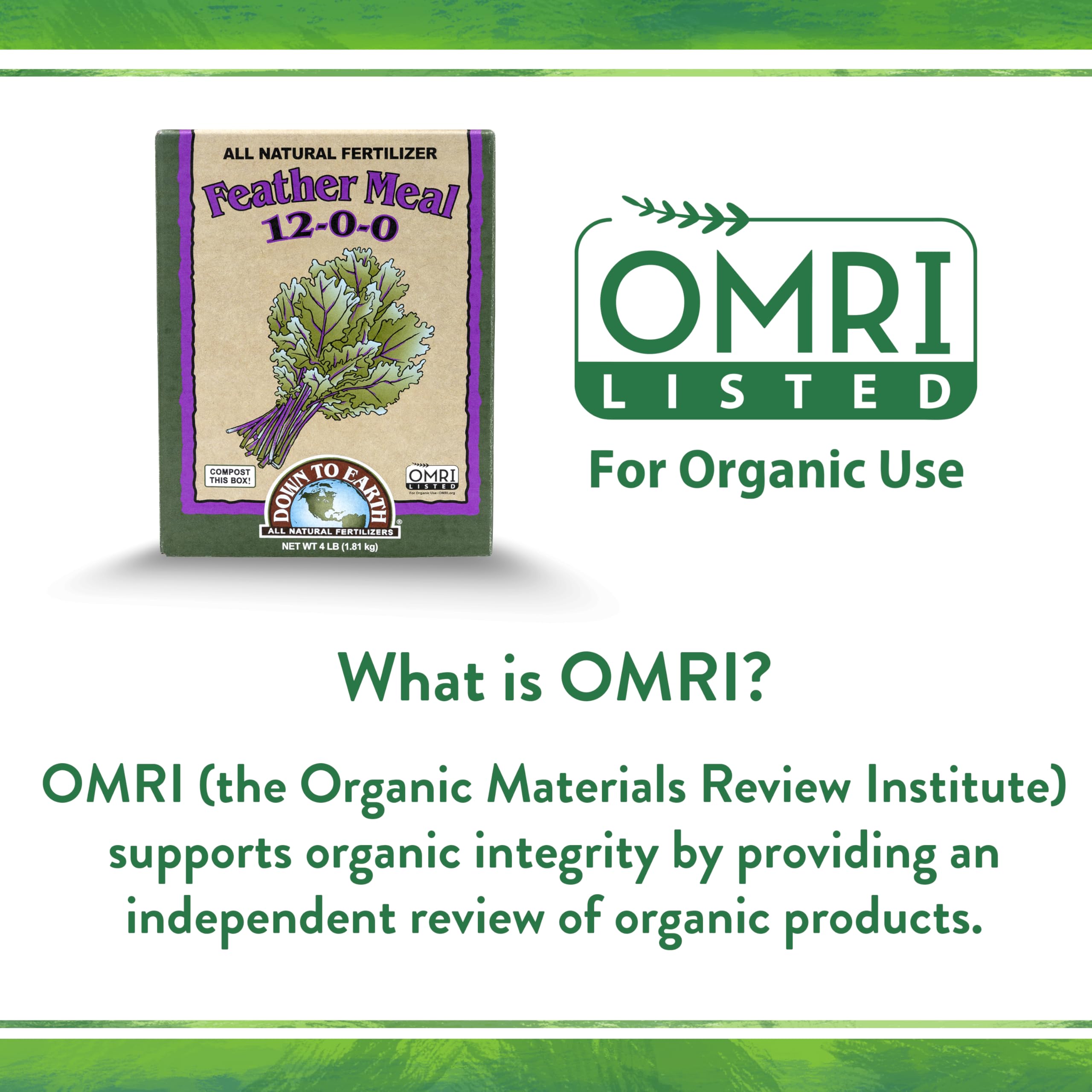 Down To Earth feather meal easy-to-apply coverage for steady garden nutrition.