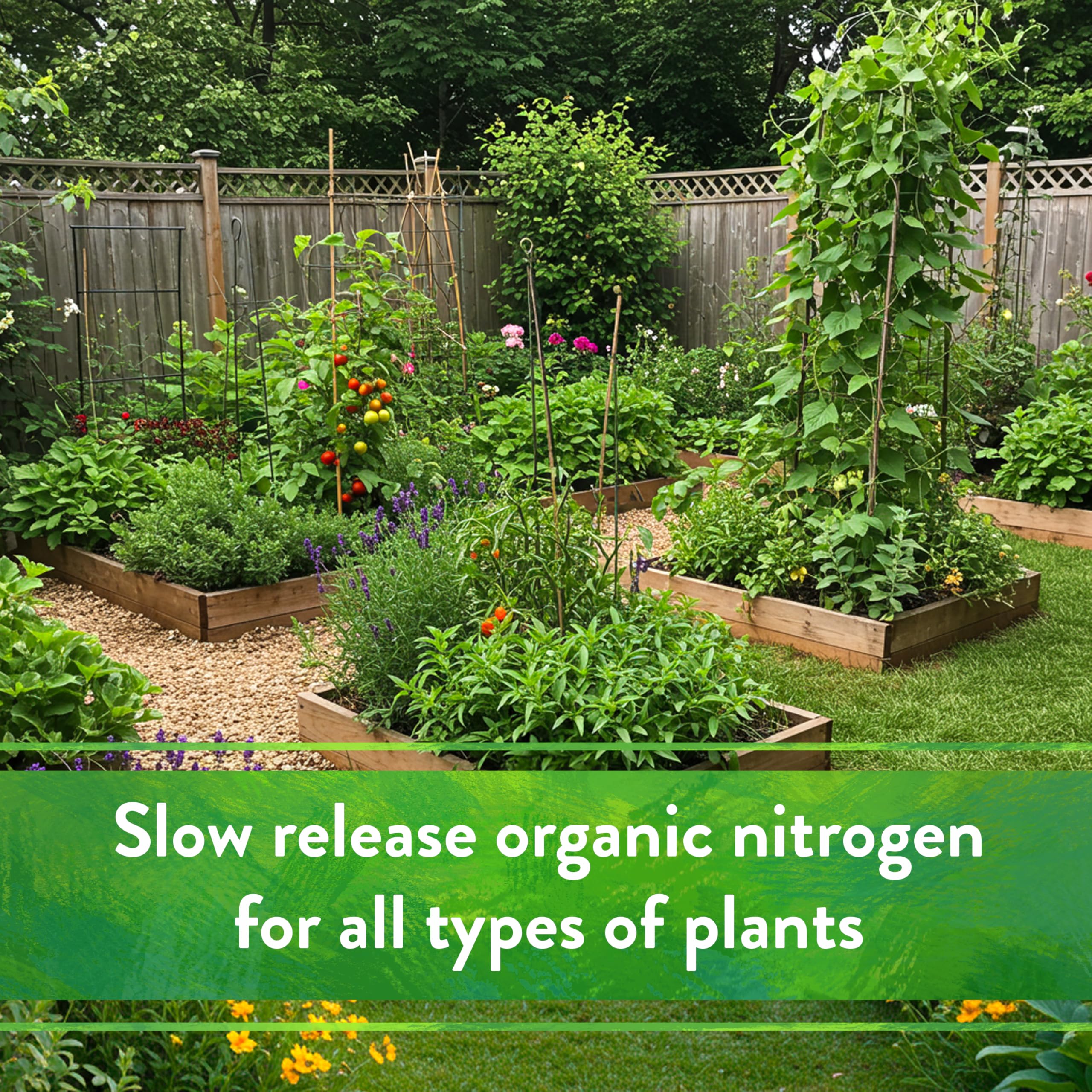 Down To Earth feather meal on lawn setting promotes lush green turf.