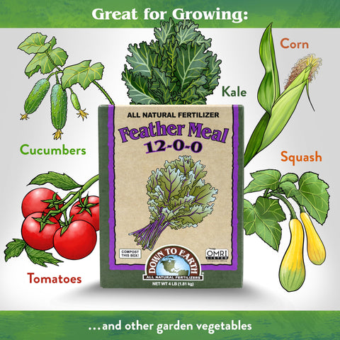 Down To Earth OMRI-listed feather meal seal signals organic garden safety.