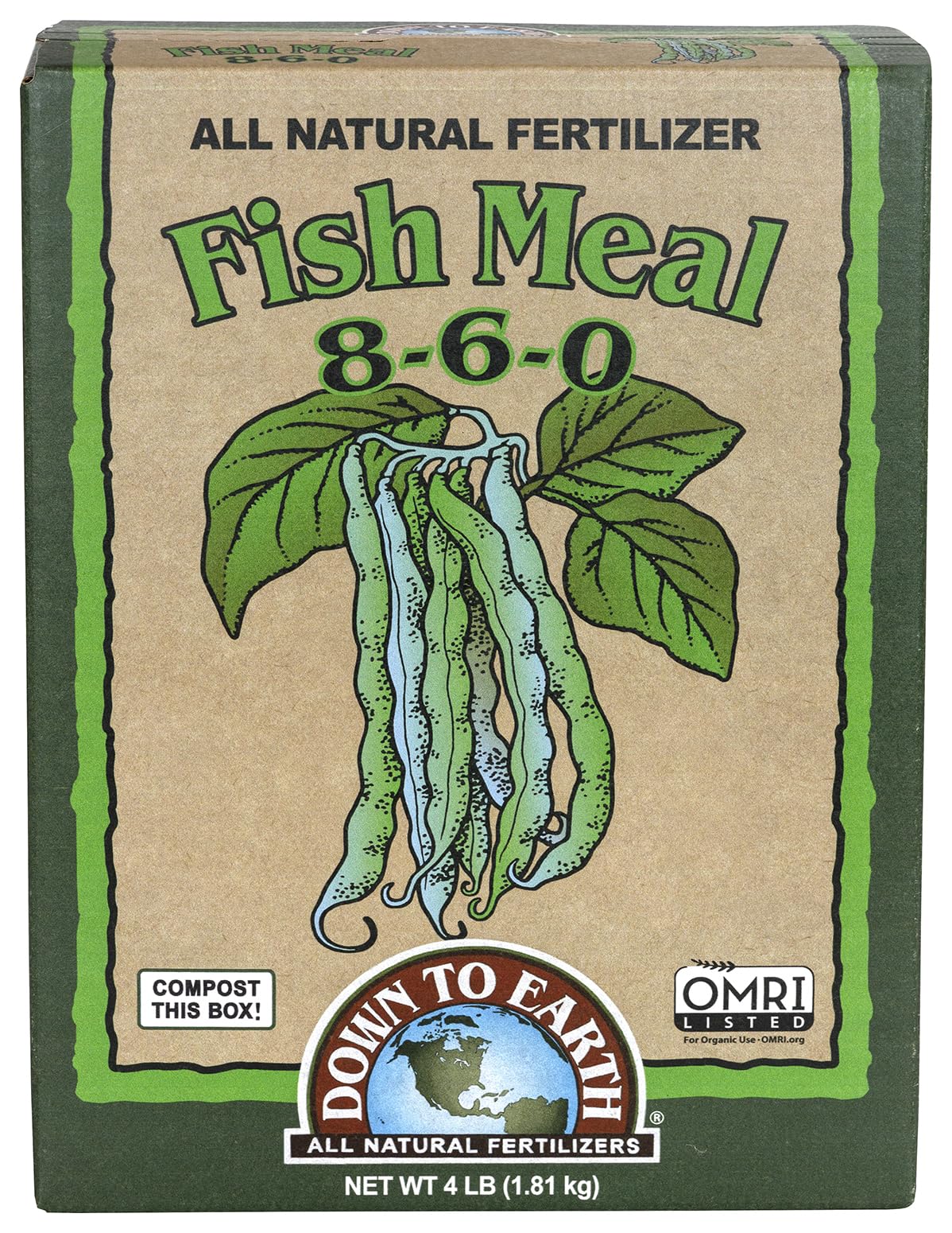 Down To Earth fish meal 8-6-0 bag boosts leafy growth in organic gardens.