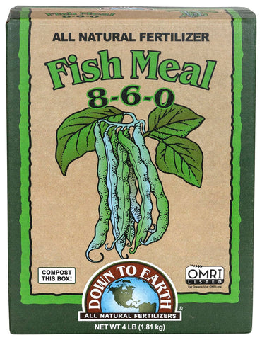 Down To Earth fish meal 8-6-0 bag boosts leafy growth in organic gardens.