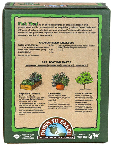 Down To Earth fish meal pour bottle feeds container plants with balanced nutrients.