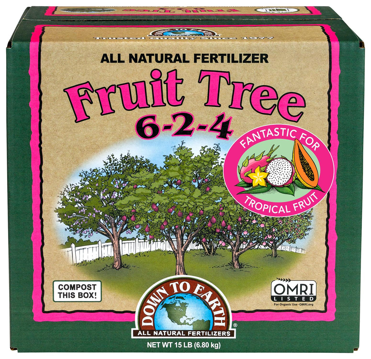Down To Earth 6-2-4 bottle shown for steady fruit tree feeding