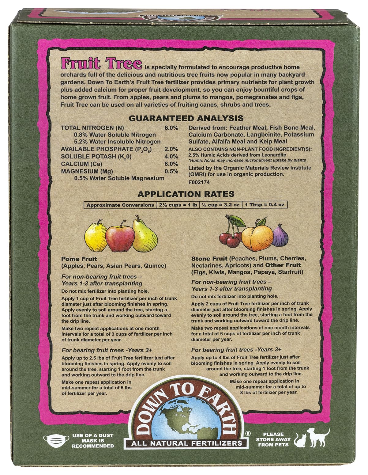 Down To Earth Fruit Tree fertilizer box back shows OMRI listing and organic-friendly ingredients.