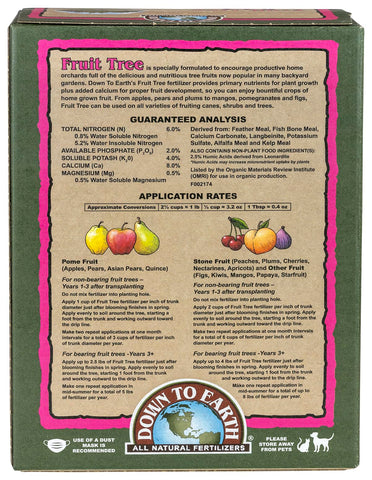 Down To Earth Fruit Tree fertilizer box back shows OMRI listing and organic-friendly ingredients.