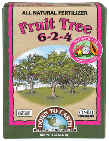 Down To Earth Fruit Tree fertilizer box front boosts orchard nutrition for healthier fruit trees.