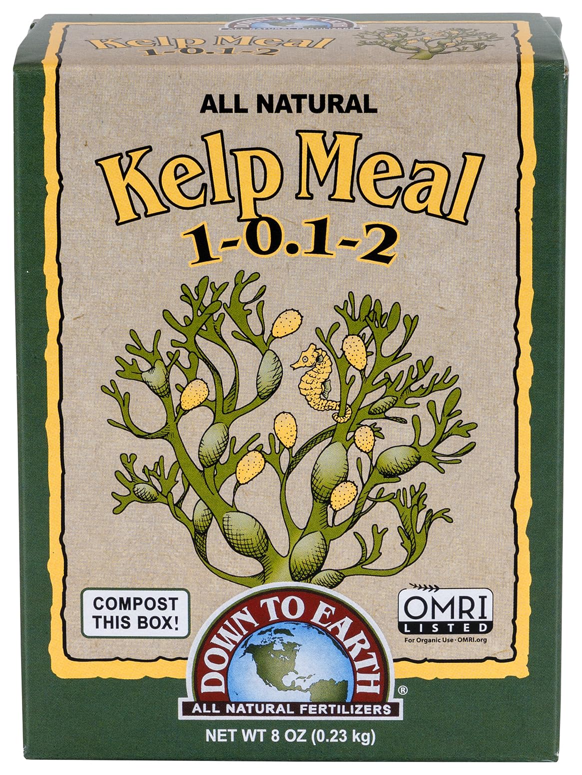 Down To Earth Kelp Meal bottle label shows organic seaweed-based plant nutrition.