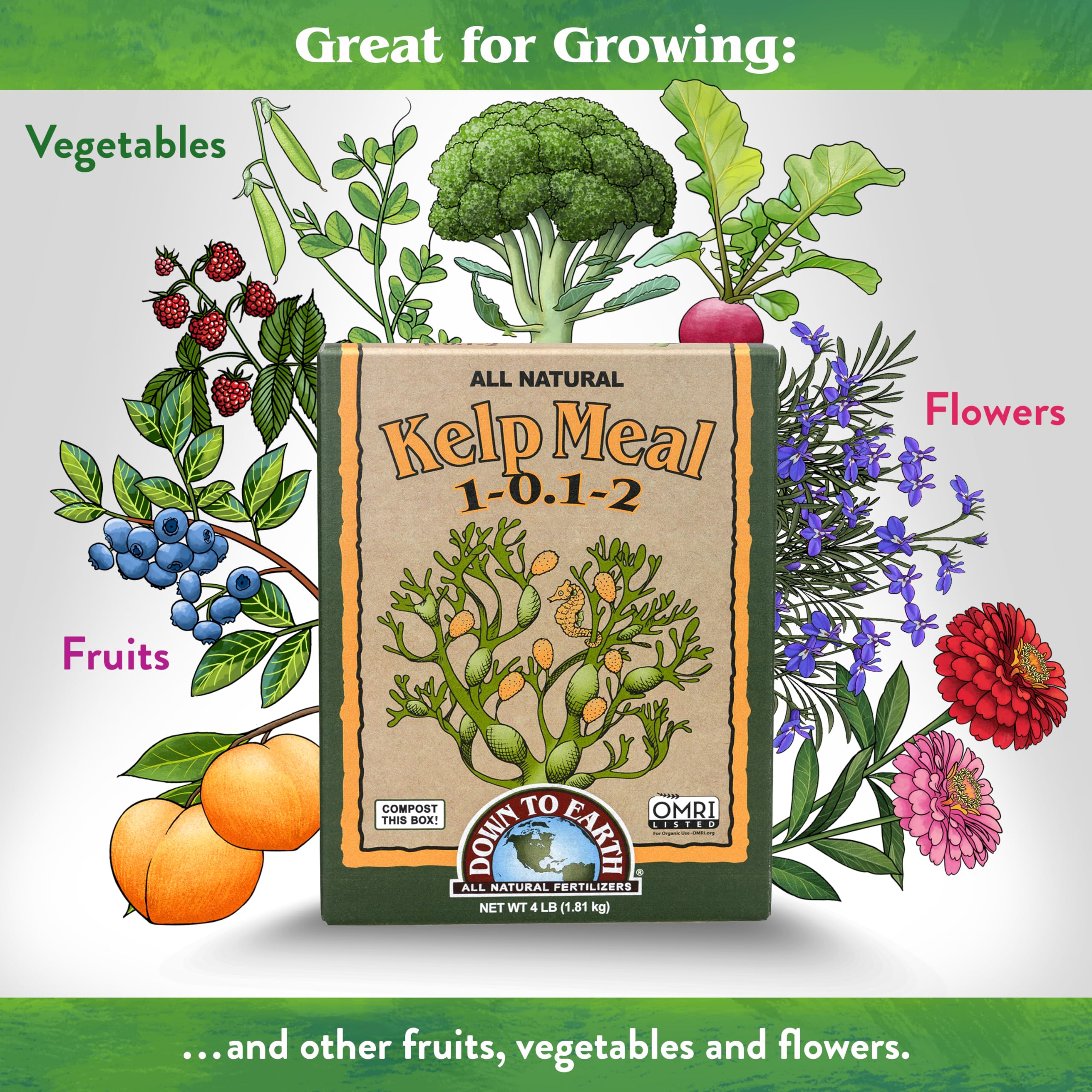 OMRI-listed badge on Down To Earth Kelp Meal packaging suitable for organic production