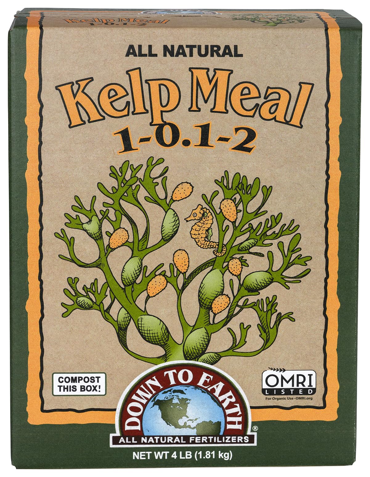 Down To Earth Kelp Meal packaging shown for organic gardens and easy soil enrichment