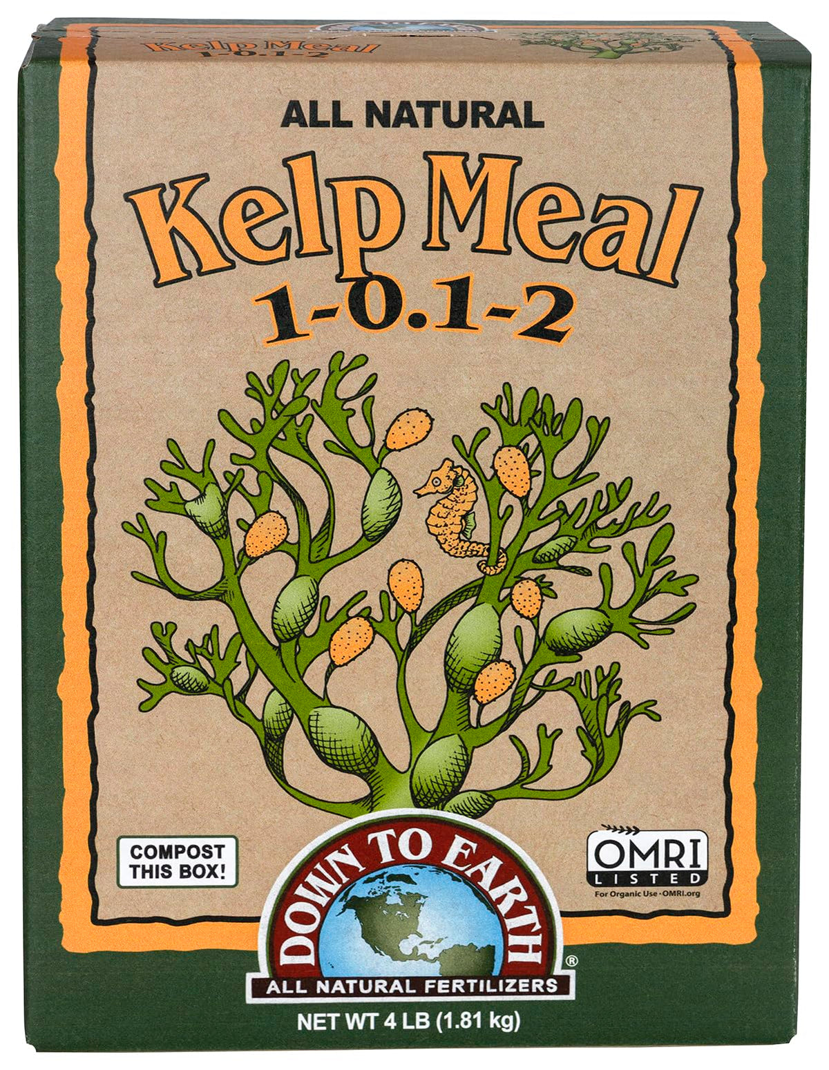 Down To Earth Kelp Meal packaging shown for organic gardens and easy soil enrichment