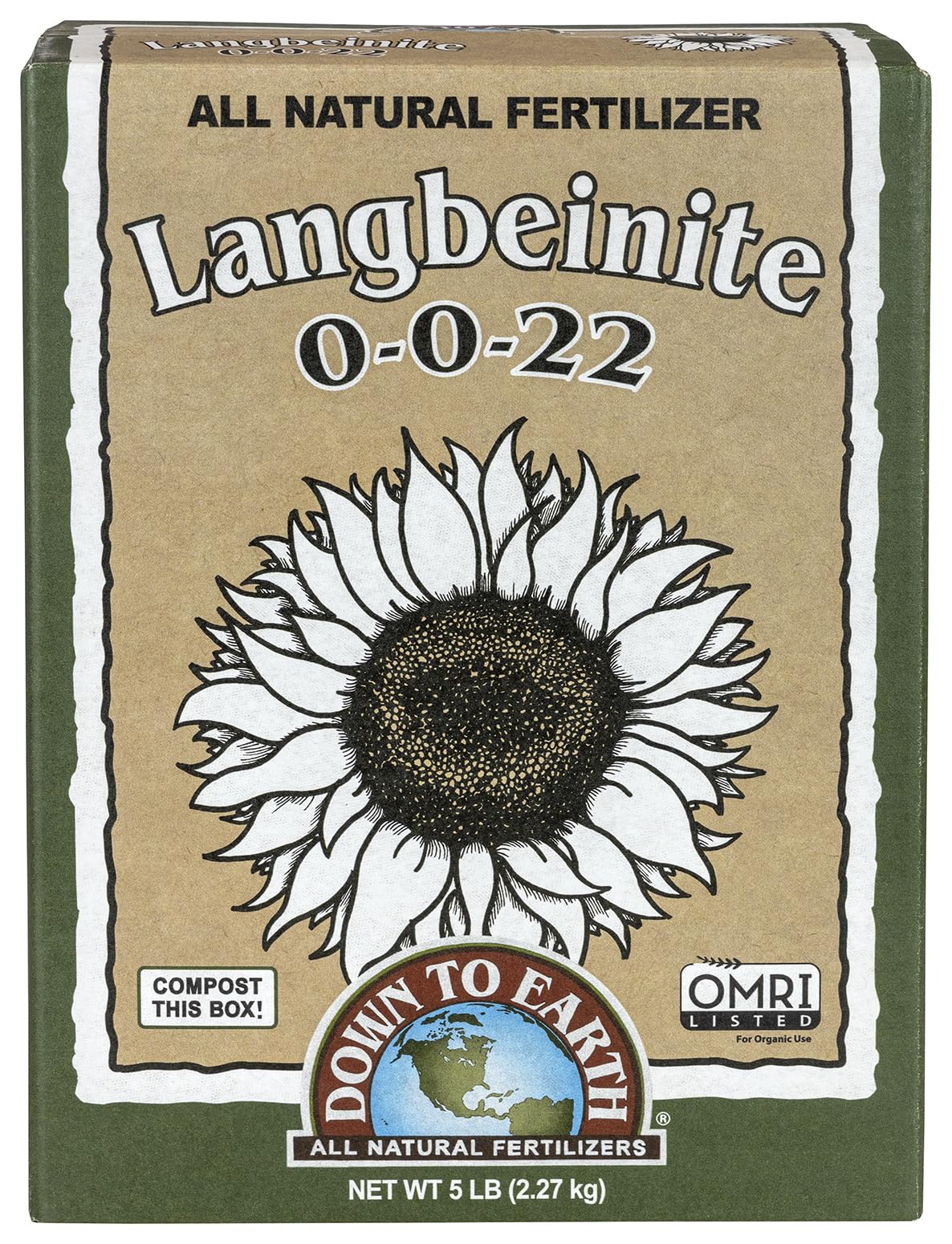 Down To Earth Langbeinite 0-0-22 granules shown in front of bag for soil nutrition