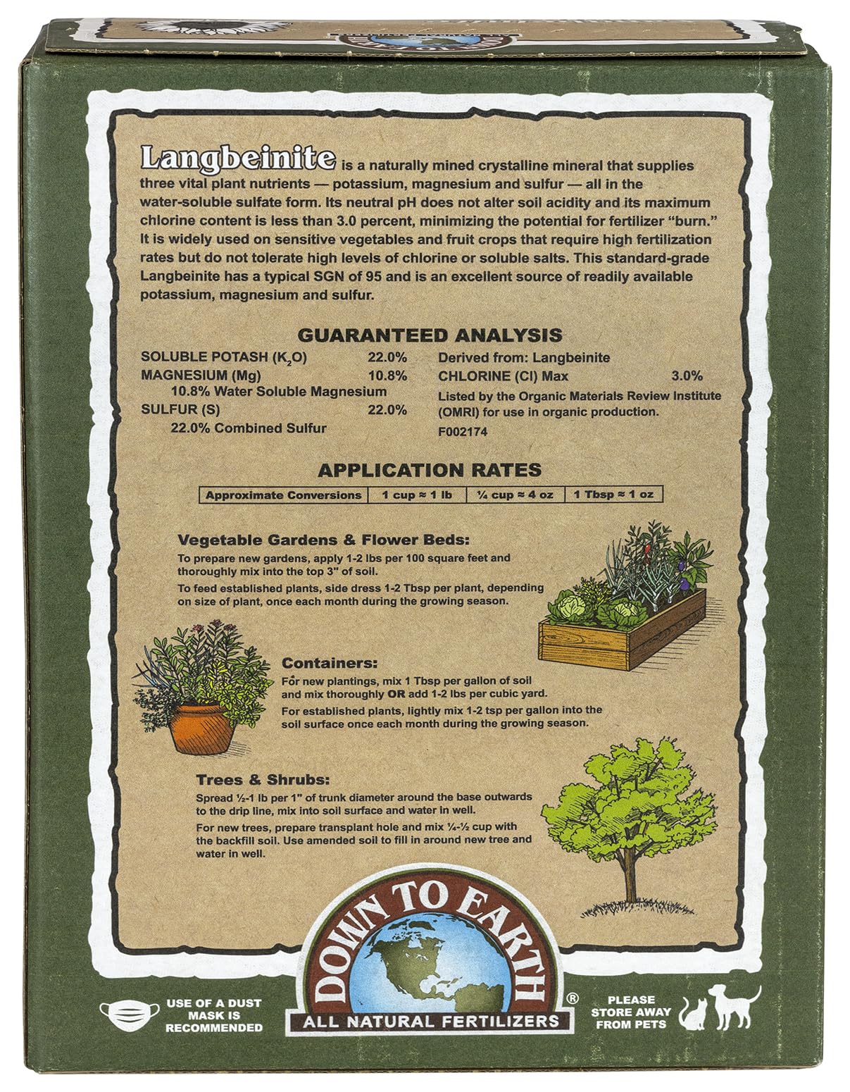 Langbeinite 0-0-22 label close-up highlighting low chlorine content