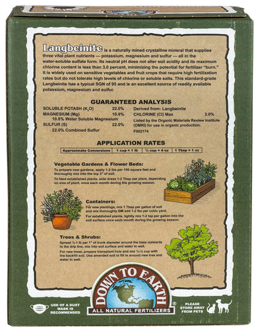 Langbeinite 0-0-22 label close-up highlighting low chlorine content