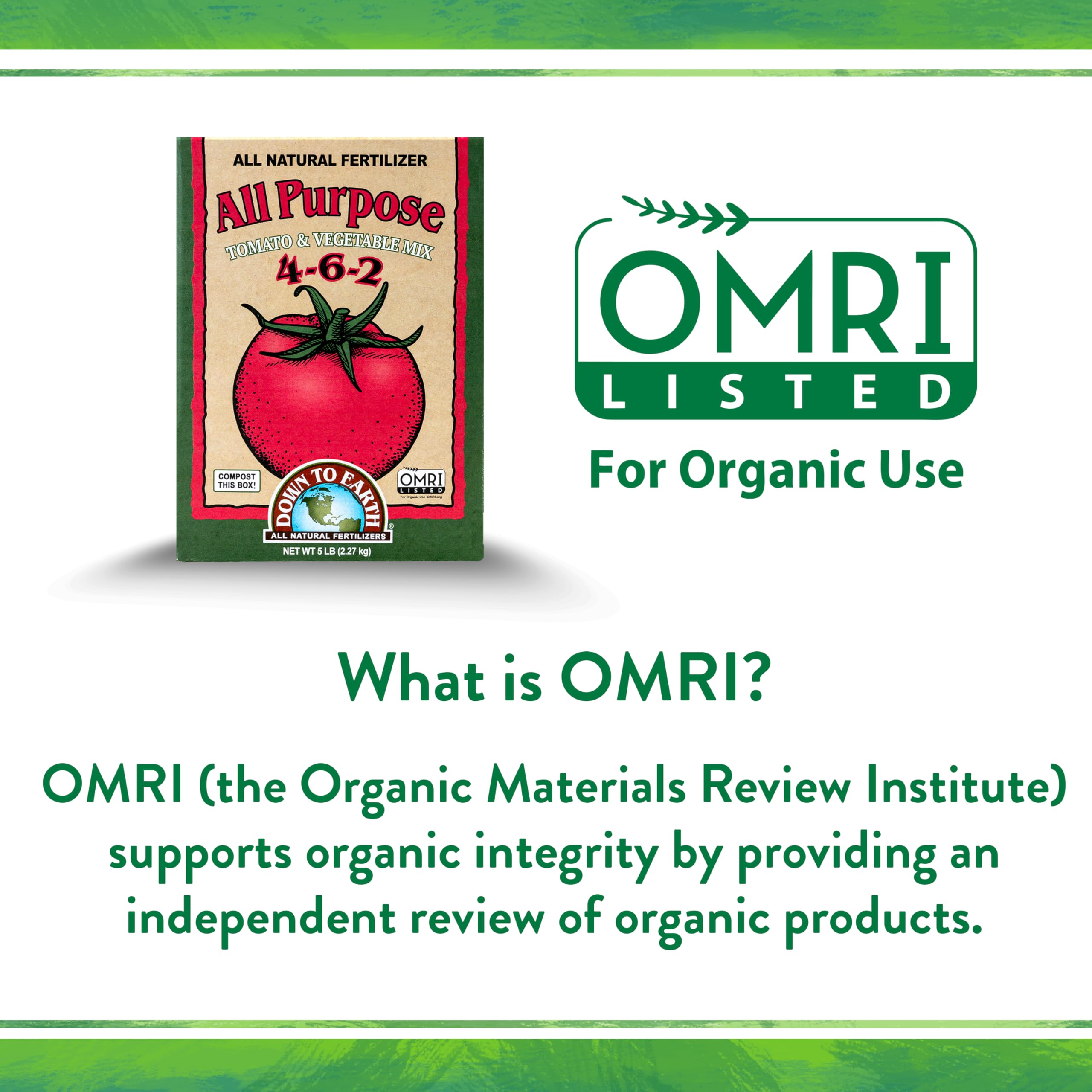 OMRI-listed Down To Earth fertilizer label close-up for safe organic gardening.
