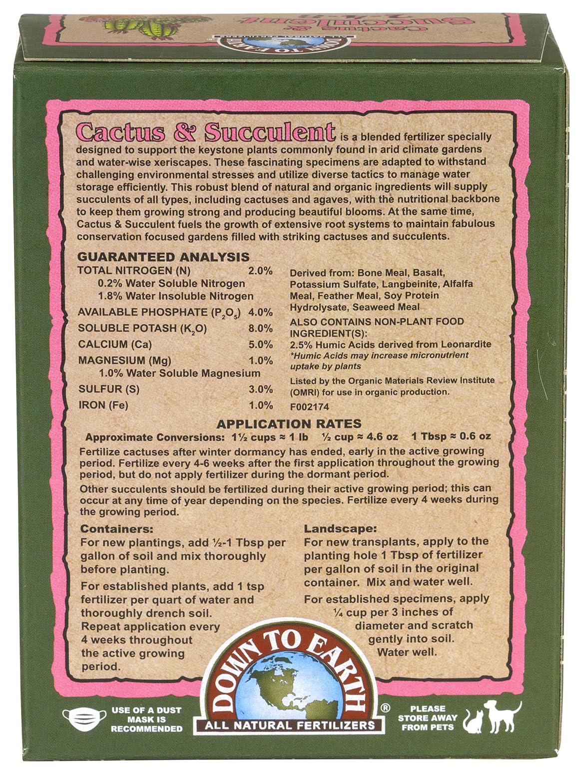 Down To Earth OMRI-listed organic cactus mix label on packaging signals safe organic care.