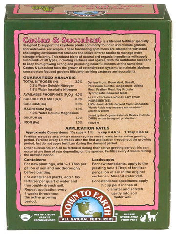 Down To Earth OMRI-listed organic cactus mix label on packaging signals safe organic care.
