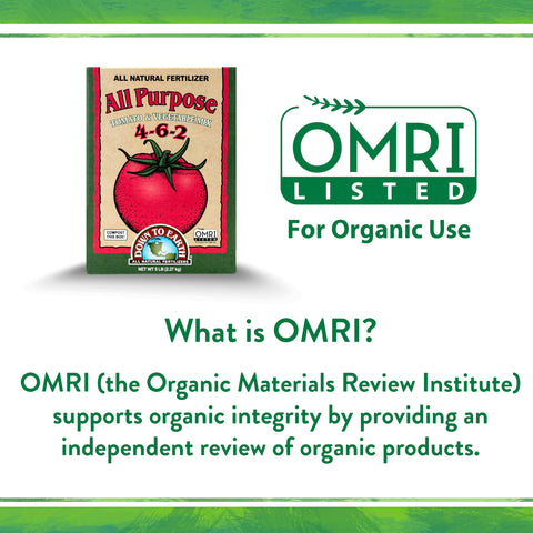 OMRI listed Down To Earth tomato and vegetable mix label for organic gardening