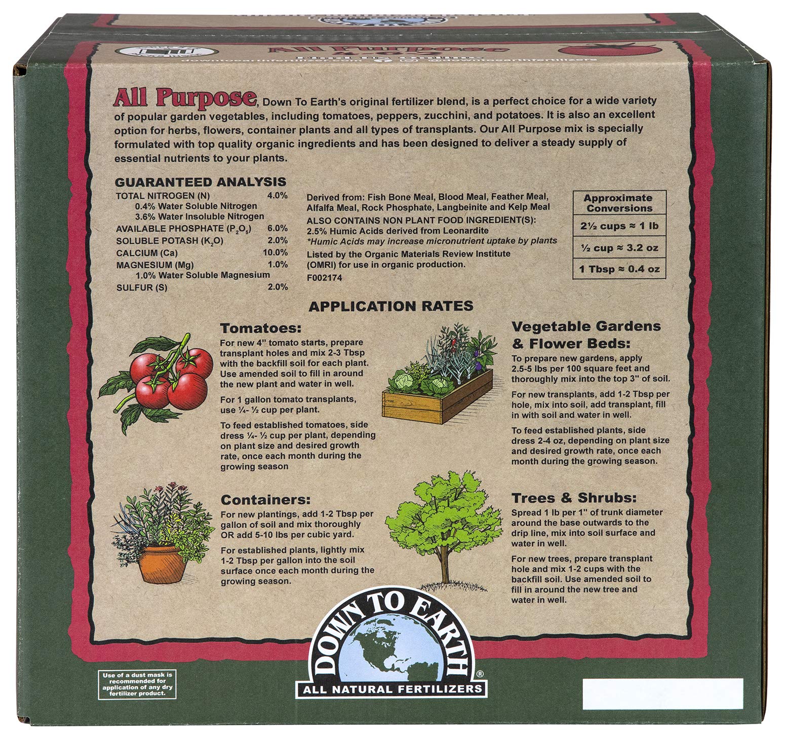 Down To Earth organic all-purpose fertilizer packet ready for organic gardens