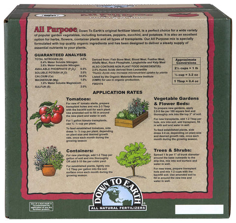 Down To Earth organic all-purpose fertilizer packet ready for organic gardens