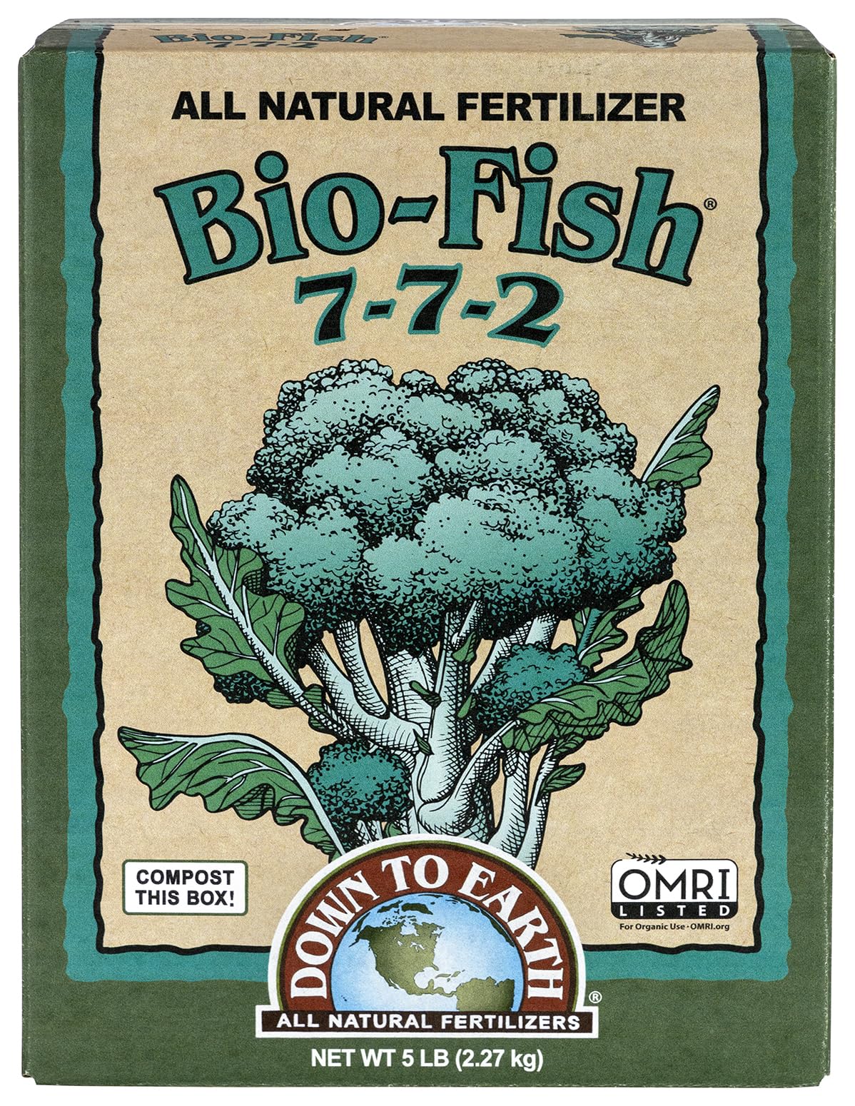 Down To Earth Bio-Fish fertilizer bottle pour highlighting balanced 7-7-2 formula for robust growth