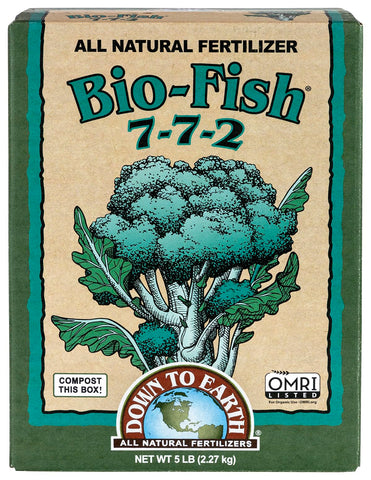 Down To Earth Bio-Fish fertilizer bottle pour highlighting balanced 7-7-2 formula for robust growth