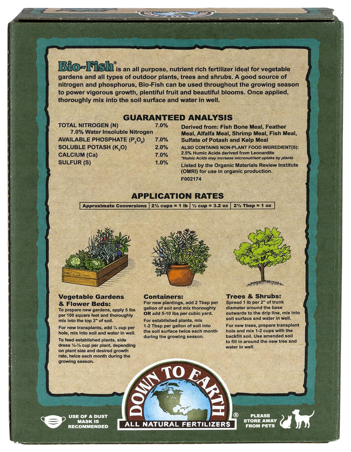Down To Earth Bio-Fish label with OMRI seal and organic credentials