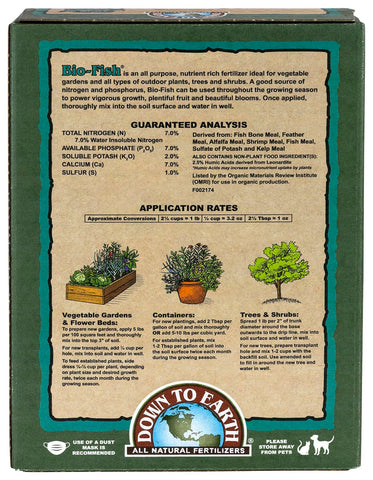 Down To Earth Bio-Fish label with OMRI seal and organic credentials