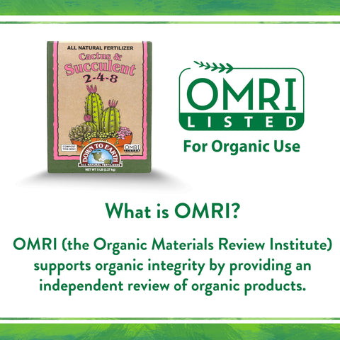 Packaging highlights organic and OMRI-listed certification for Down To Earth cactus mix.