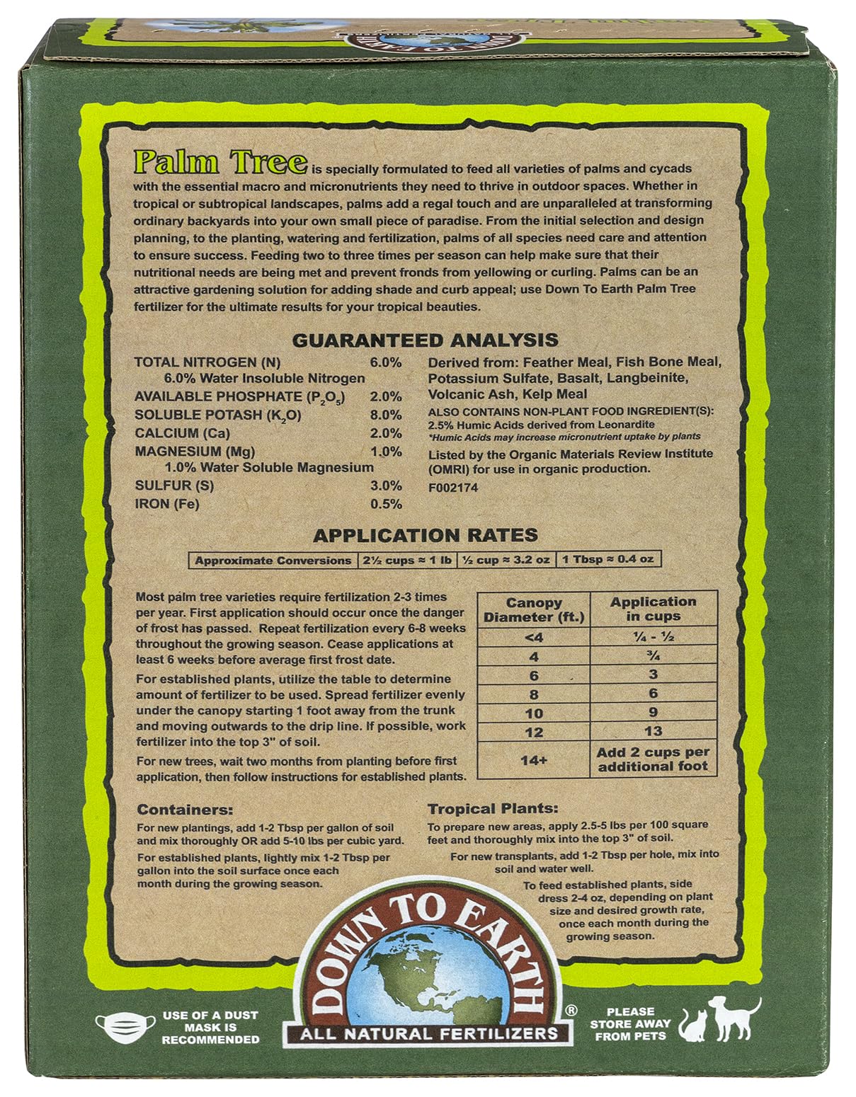 Down To Earth organic palm fertilizer bag labeled 6-2-8 supports healthy growth