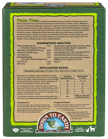 Down To Earth organic palm fertilizer bag labeled 6-2-8 supports healthy growth