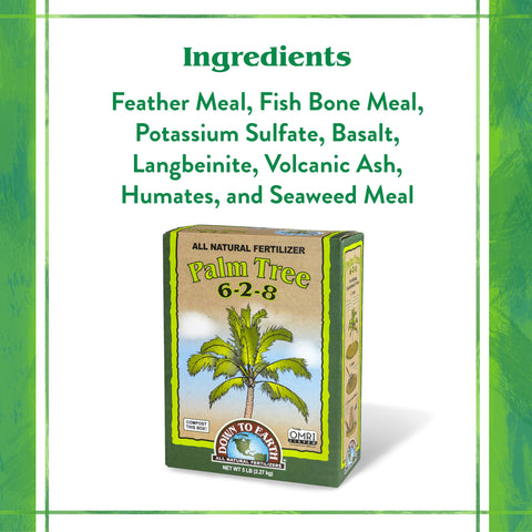 Down To Earth OMRI-listed palm fertilizer label ready for organic gardens