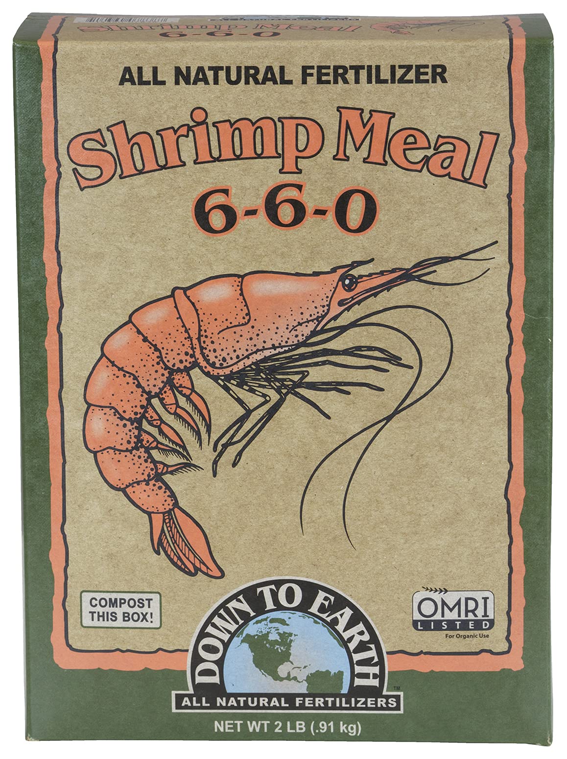 Down To Earth organic shrimp meal 2lb bag boosts soil nutrition for lush growth.