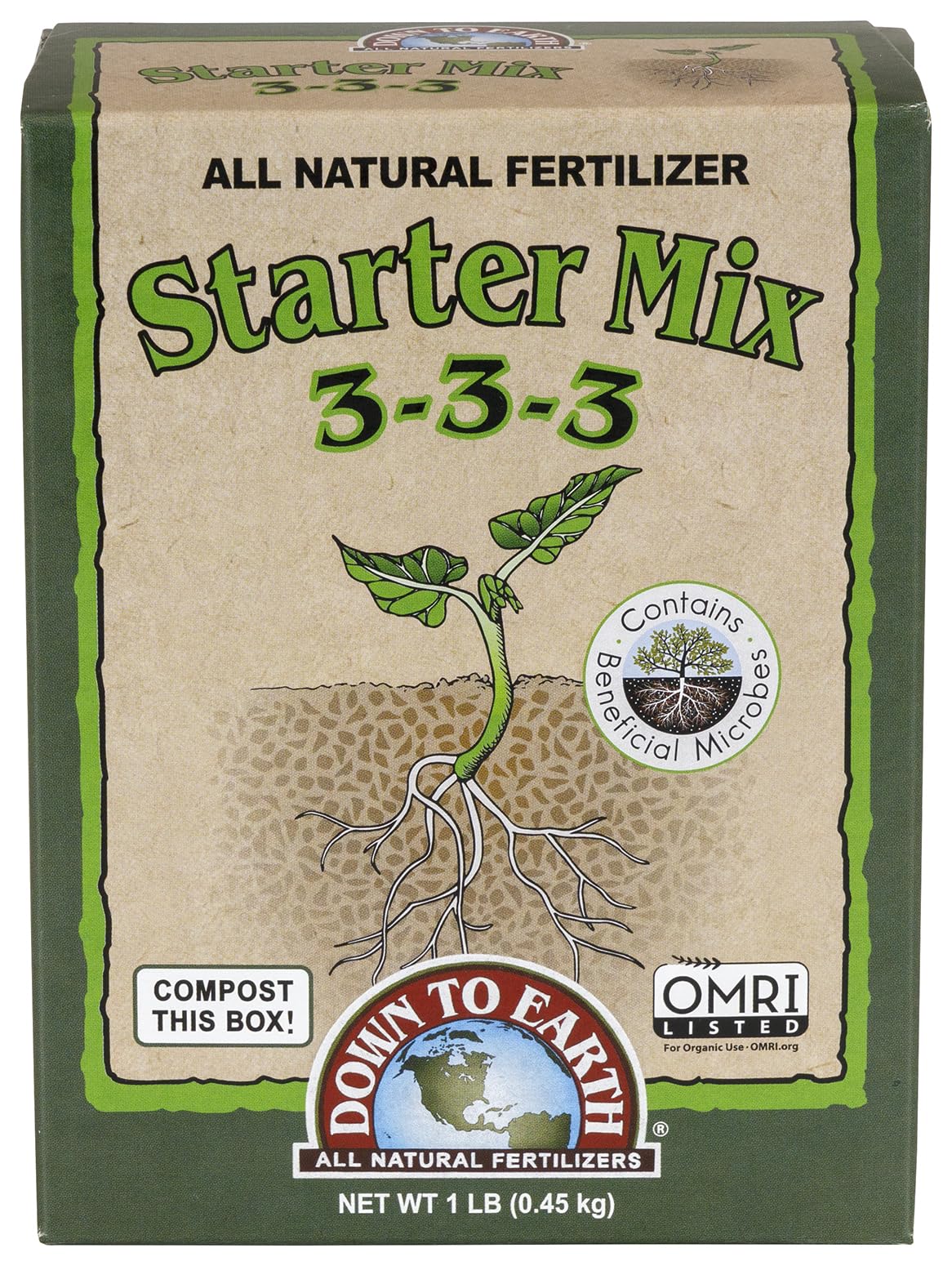 Down To Earth Organic Starter Mix bottle showing gentle, balanced nutrition for seedlings.