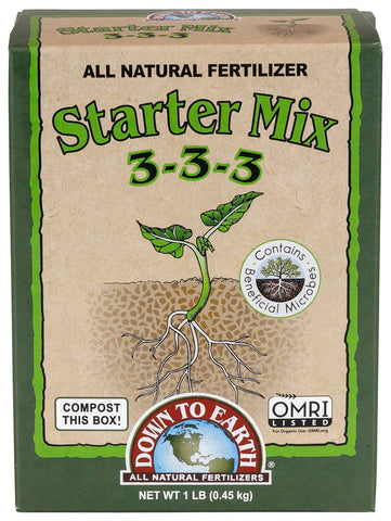 Down To Earth Organic Starter Mix bottle showing gentle, balanced nutrition for seedlings.