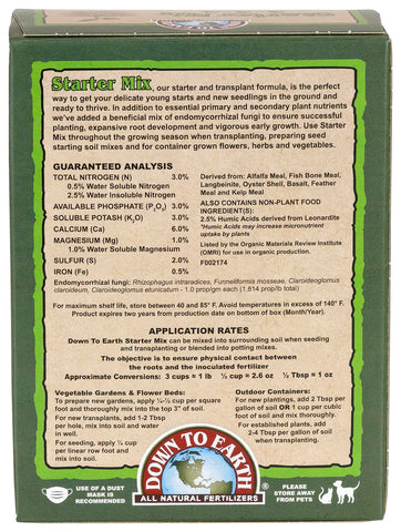 Down To Earth Organic Starter Mix being added to soil for seedling setup and root health.