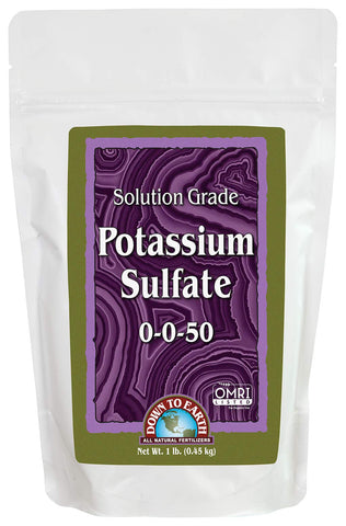 Down To Earth potassium sulfate 0-0-50 powder bag for garden use and flowering support.