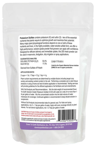 Down To Earth potassium sulfate dissolving powder for fertigation and hydroponics.