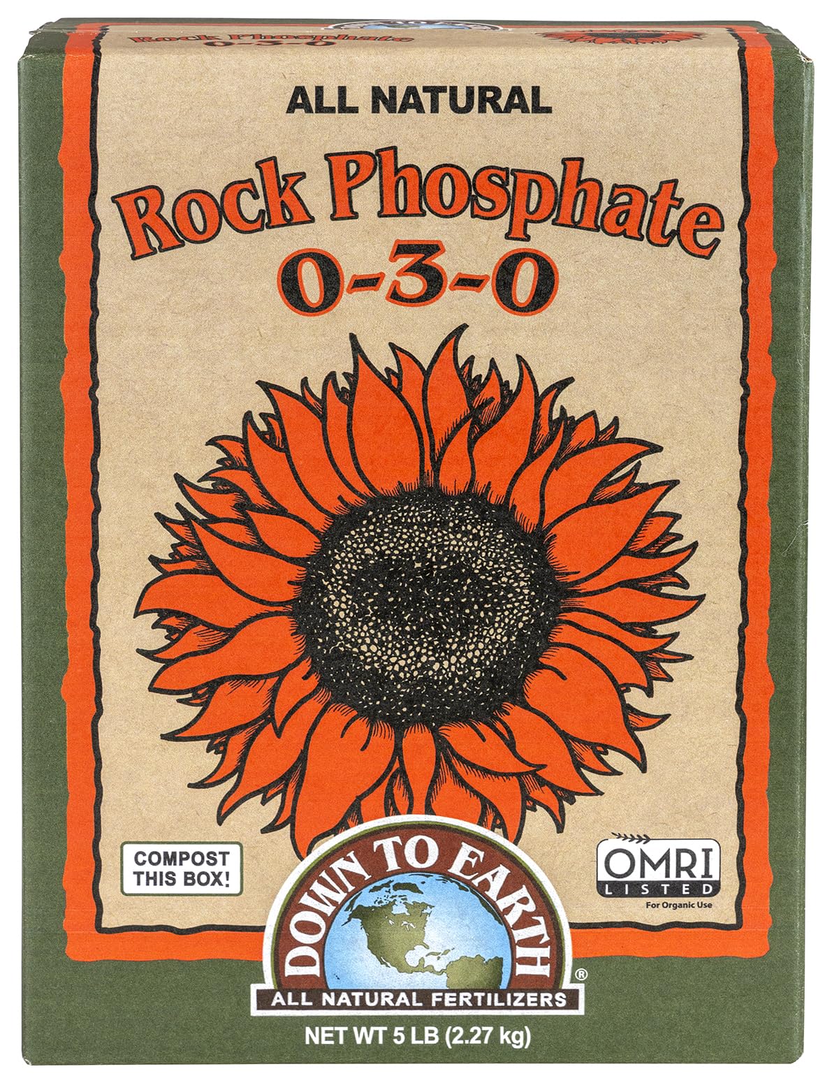 Down To Earth Organic Rock Phosphate 5 lb bag, ready for soil application to support root development.