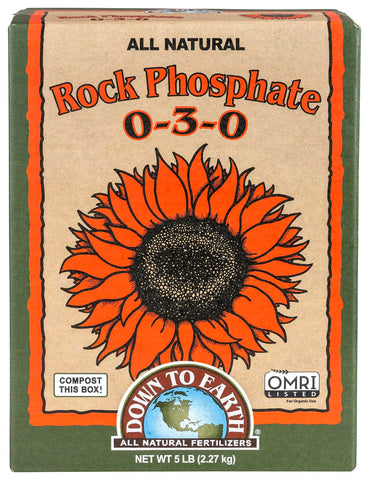 Down To Earth Organic Rock Phosphate 5 lb bag, ready for soil application to support root development.
