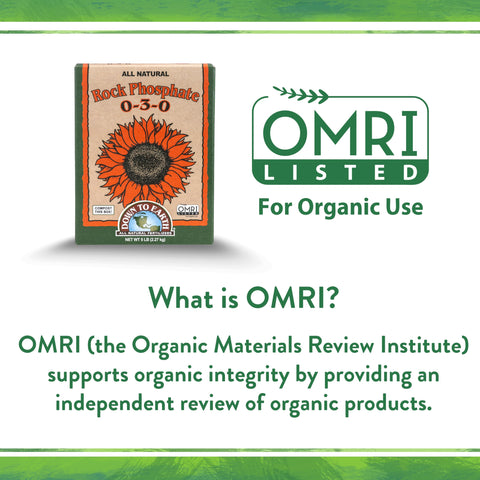 Down To Earth Organic Rock Phosphate label shows organic, phosphate-rich formula for garden use.
