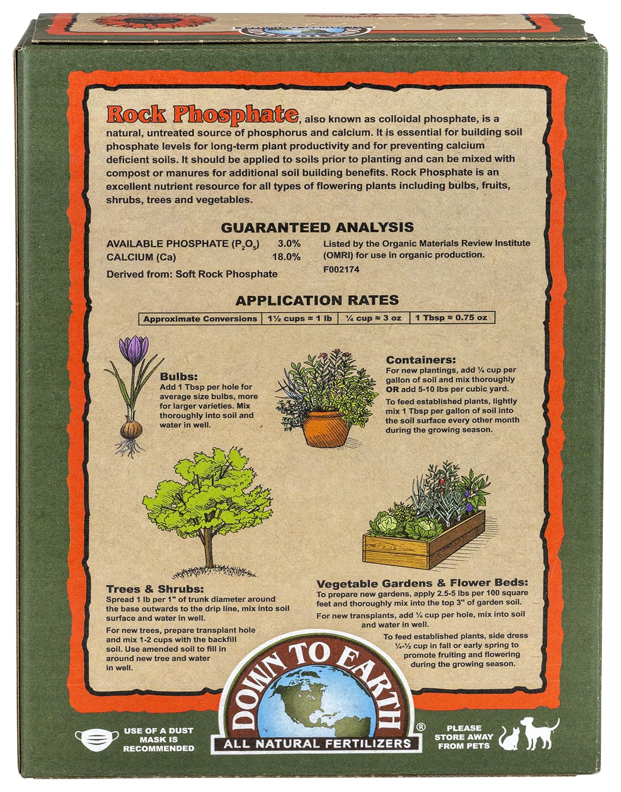 Down To Earth Rock Phosphate measuring scoop aids precise soil amendments for steady phosphorus.