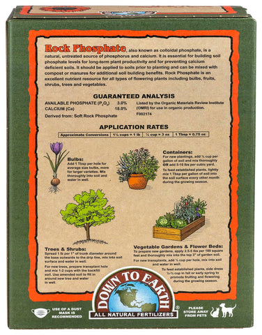 Down To Earth Rock Phosphate measuring scoop aids precise soil amendments for steady phosphorus.