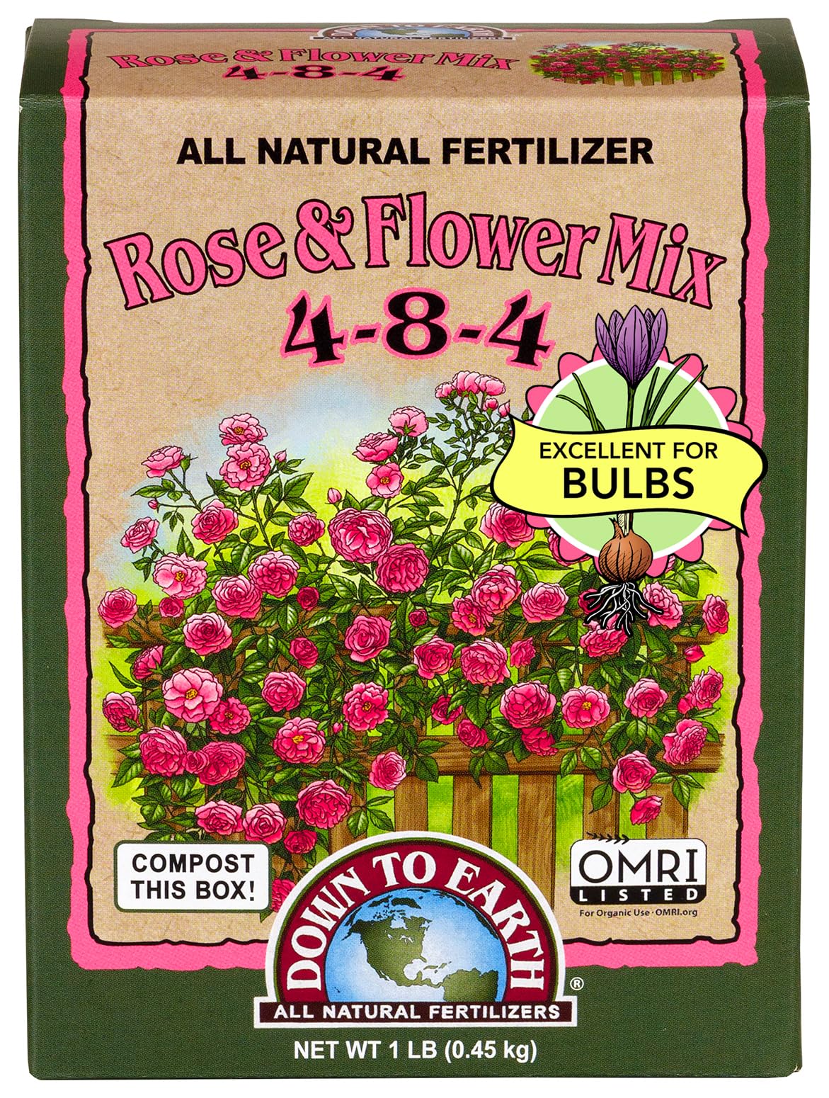 Down To Earth Rose and Flower Mix 1lb packaging for organic gardening