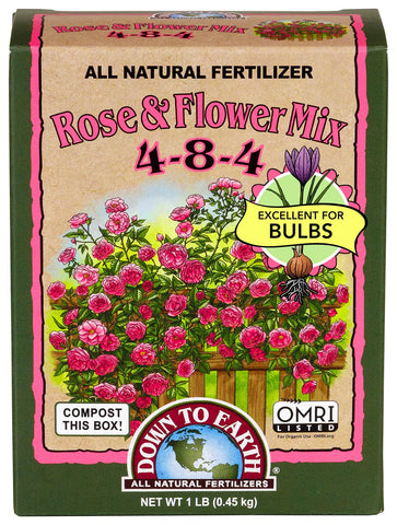Down To Earth Rose and Flower Mix 1lb packaging for organic gardening