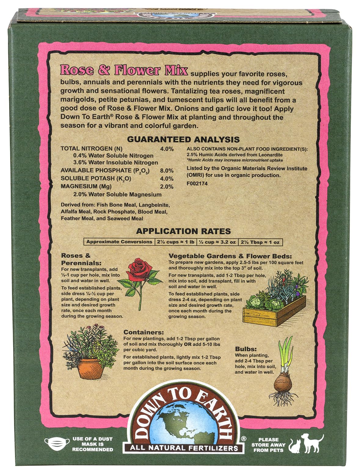 Down To Earth Rose & Flower Mix label shows OMRI-listed organic fertilizer.