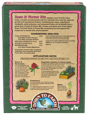 Down To Earth Rose & Flower Mix label shows OMRI-listed organic fertilizer.