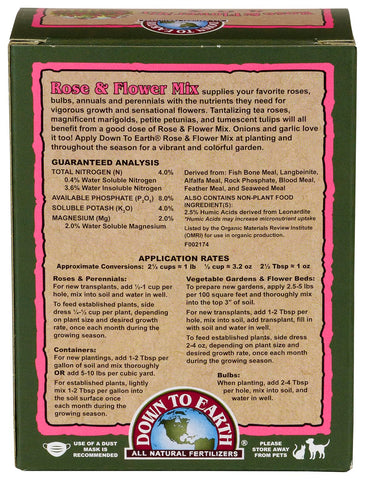 Down To Earth Rose and Flower Mix OMRI label indicating organic suitability