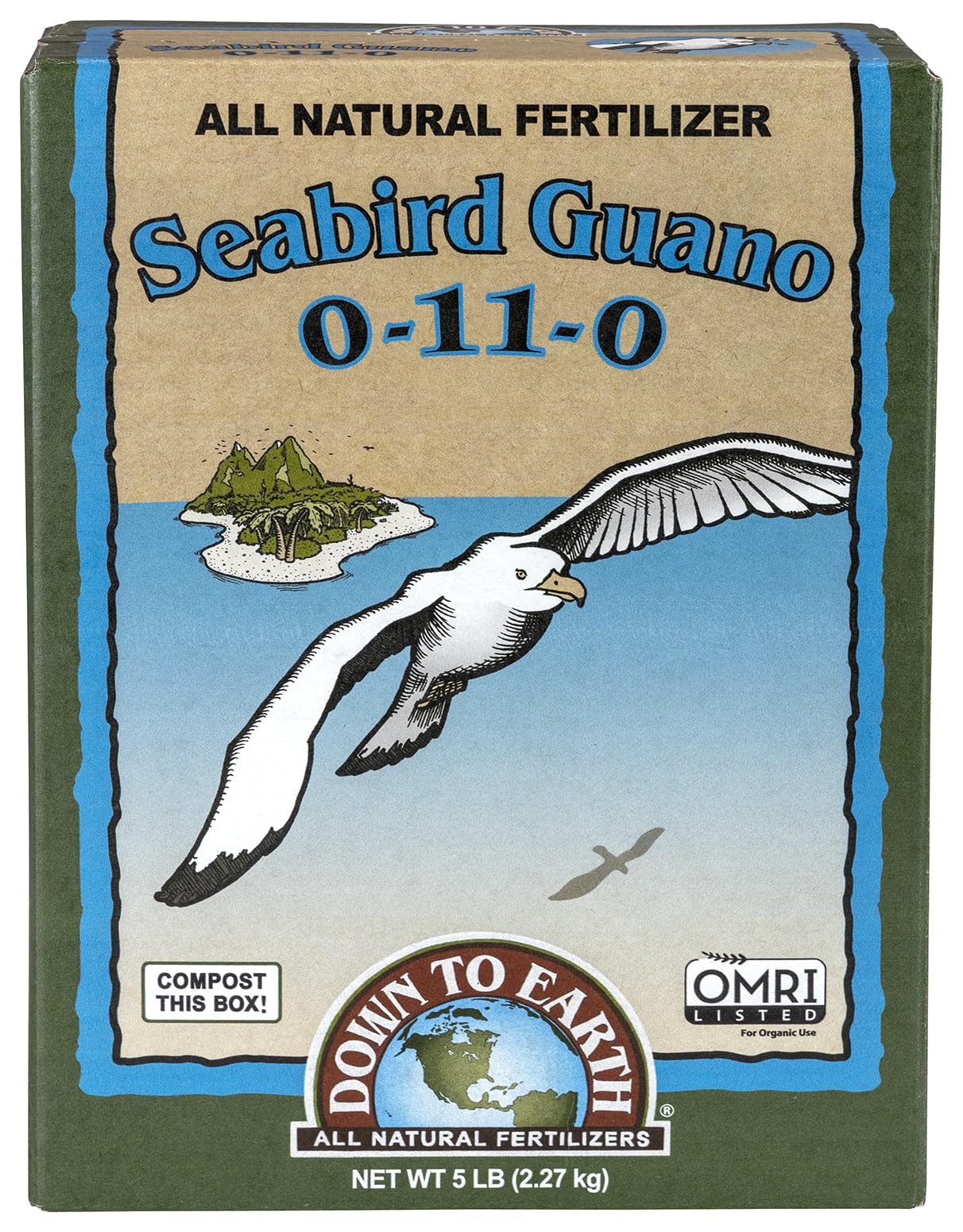 Down To Earth Seabird Guano bag front view promotes organic soil nourishment.